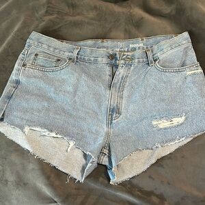 Light wash distressed denim shorts. No stains or extra tears.